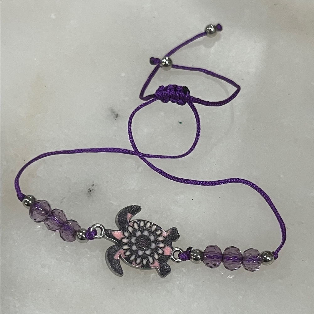 Purple Amethyst Beaded Turtle Charm Bracelet